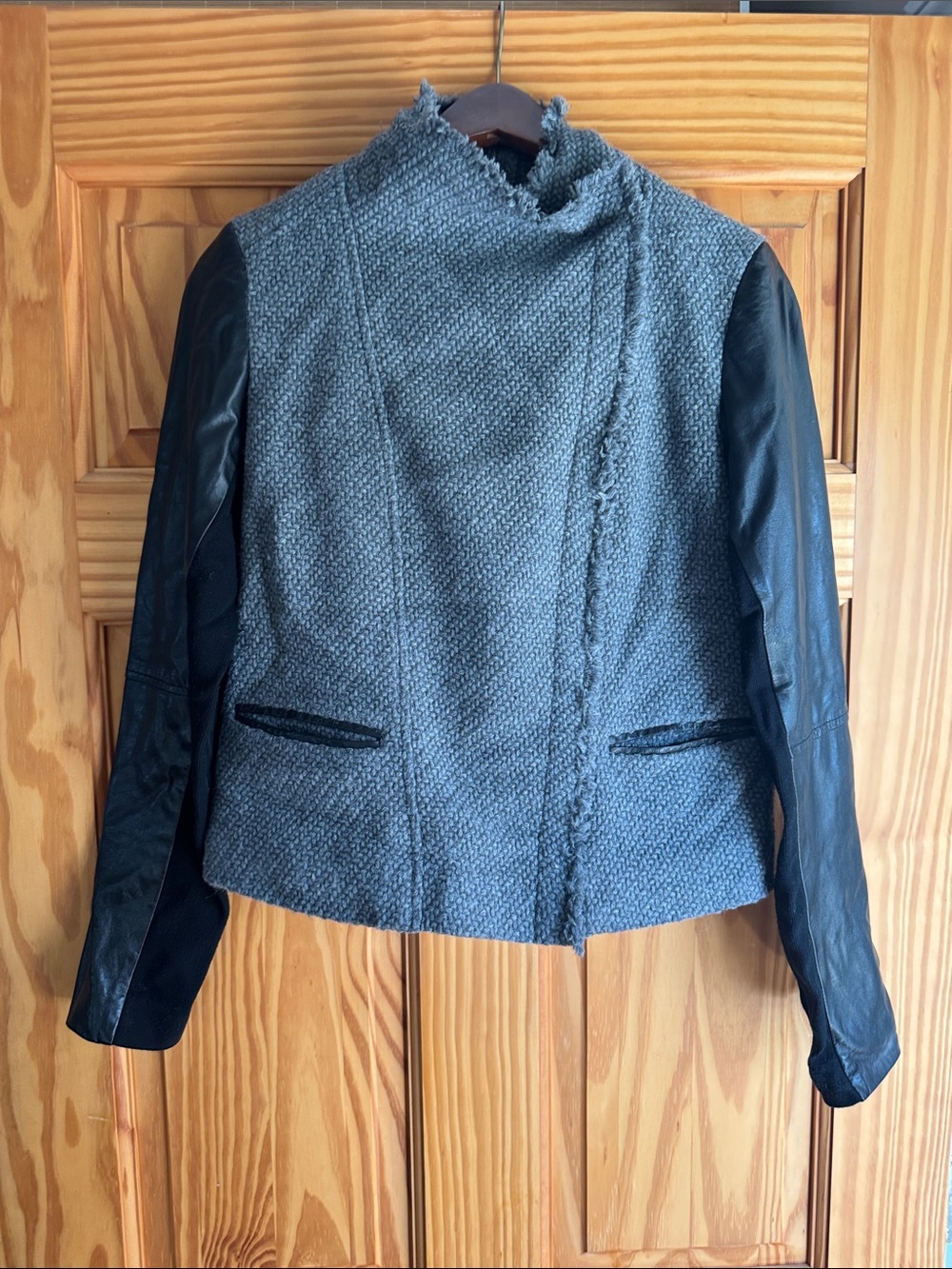Vince Women's Gray Wool-Blend Jacket with Black Leather Sleeves size S